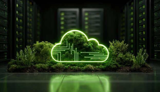 A vibrant green cloud symbol filled with lush foliage glows within a modern data center, symbolizing sustainable technology. - Powered by Adobe