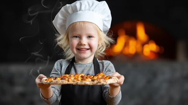 Miniature Chef: A beaming young child, clad in a chef's hat and apron, proudly presents a freshly baked pizza from a fiery oven, capturing the joy of cooking and culinary artistry. - Powered by Adobe