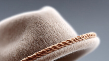 Wool hat closeup, textured fabric and rope detail. Stylish headwear for cold weather fashion, rural, or heritage concepts. Use for apparel, design, or seasonal themes.