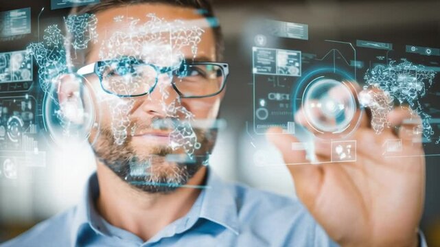 Man with futuristic interface: An intelligent man interacts with a holographic interface, envisioning the future of technology and data interaction, showcasing innovation and advancement.