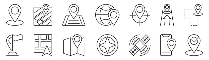 GPS navigation outline vector icon set