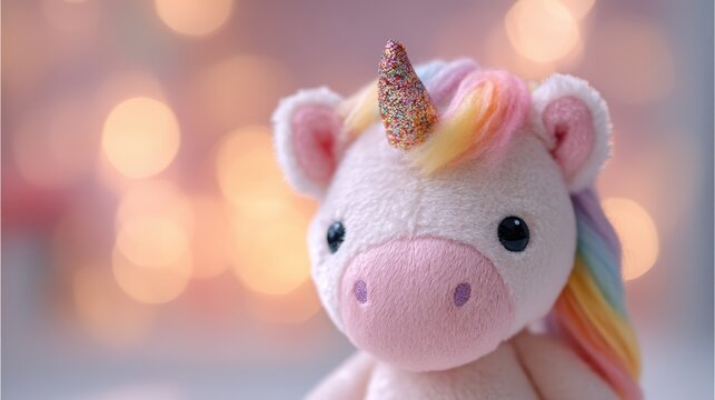 Adorable plush unicorn with rainbow mane and glitter horn on a softly blurred pastel cloud background under soft diffuse lighting