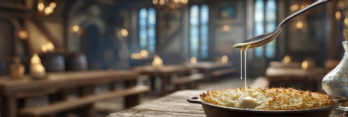 Obraz premium Airborne shepherdâ€™s pie scoop with gravy drizzle against a softly blurred rustic tavern interior under perfect lighting
