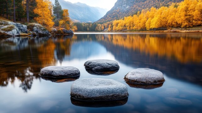A tranquil lake scene features round stones emerging from the water, framed by vibrant autumn foliage and majestic mountains, creating a peaceful and scenic atmosphere.