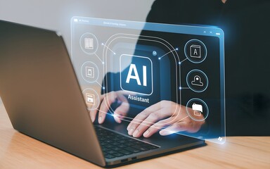 Person using laptop with futuristic ai assistant interface concept of artificial intelligence and technology