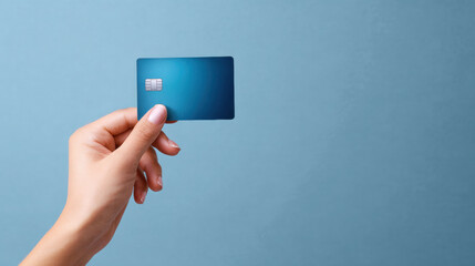 Woman hand holding a modern credit card against On blue background. 3D Illustration.
