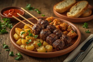 Beef stew served with potatoes carrots and vegetables on a plate