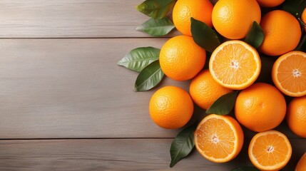 A vibrant display of fresh oranges with green leaves on a rustic wooden table captures the essence of freshness and health, inviting a delightful citrus experience.
