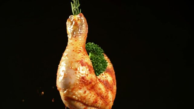 Close up slow motion video of seasoned chicken leg with herbs falling and rotating on black background