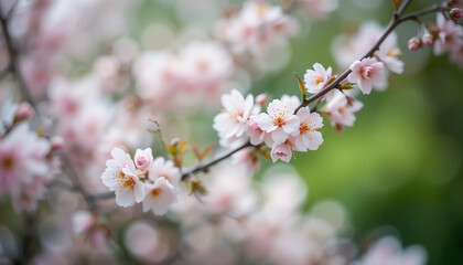 Obraz premium Delicate cherry blossom branch blooming against a soft green blur background