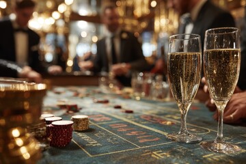 Champagne toasts as man places casino chips on the table during an evening poker game in monte carlo