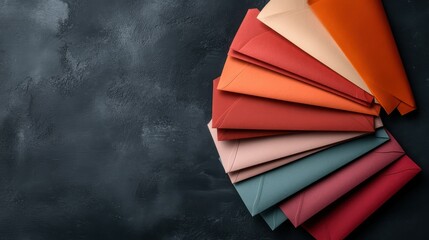 An artistic array of vibrant paper envelopes fanned out against a dark textured background, showcasing a spectrum of colors that evoke feelings of creativity and invitation.