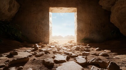 This image depicts an ancient stone doorway leading to a vast desert landscape under a bright sky, evoking a sense of mystery and exploration amidst ancient ruins.