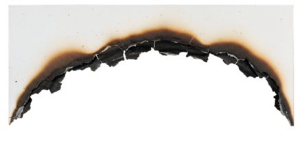 burnt paper corner with realistic charred texture and ashes, isolated on white background.