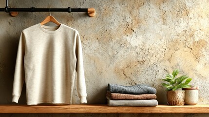 Beige sweatshirt on wooden shelf