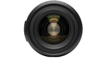 Professional DSLR camera lens with reflection and shadow, front view, isolated on white background.