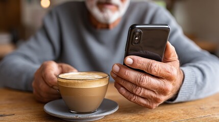 Elderly man using smartphone while enjoying coffee at a cozy cafe table