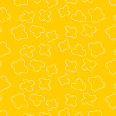Seamless cartoon popcorn pattern with hand-drawn, irregular shapes in soft yellow tones. Suitable for snack packaging, textile design, or children’s backgrounds.