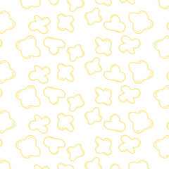 Seamless cartoon popcorn pattern with hand-drawn, irregular shapes in soft yellow tones. Suitable for snack packaging, textile design, or children’s backgrounds.