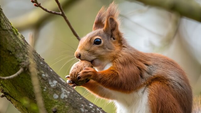 Close-up of a red squirrel holding an acorn in a tree — detailed fur, natural background blur