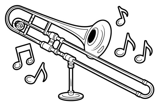 black and white trombone with musical notes clip art preview