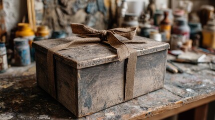 Artisanal wooden gift box with leather strap bow on a softly blurred craft workshop backdrop