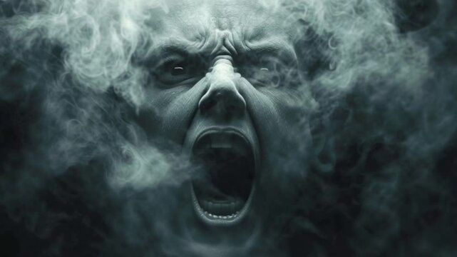 Scary face screaming surrounded by smoke. Horror, fear, stress, panic attack concept.