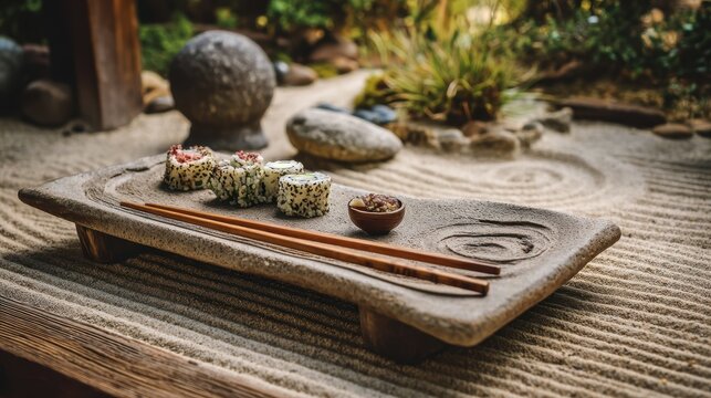 Artistic flat lay of sushi rolls and chopsticks on a river-stone slab plate with a softly blurred zen garden background