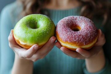 Woman on a diet for good health, using her hand to push out her favorite donut and choosing healthier options like green apples and vegetables., Generative AI
