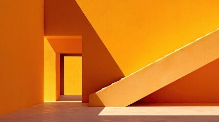 Sunny orange interior, angled walls, stairs, doorway