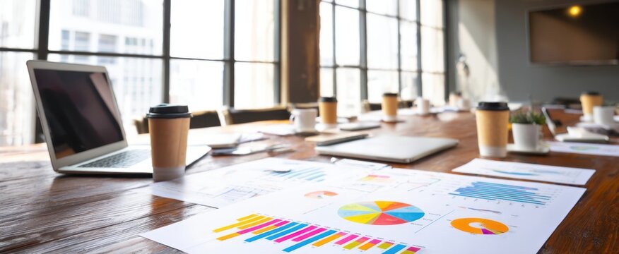 The modern office workspace with charts and coffee details. - Powered by Adobe
