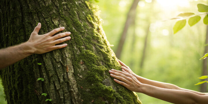 Hands that hold the trees in the concept of environmental care and nature conservation