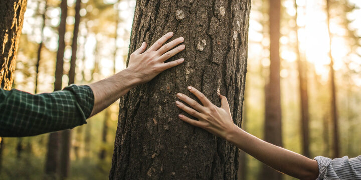 Two hands at the tree in the forest with the evening sunlight in the concept of connecting humans with nature and sustainable environmental conservation