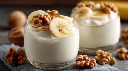 Banana walnut yogurt with banana slices and walnut halves on a softly blurred rustic kitchen counter under morning light