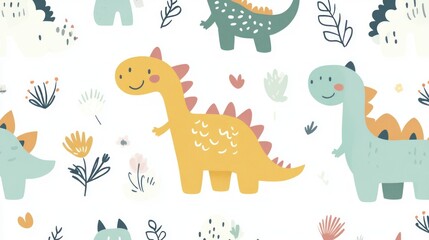 Obraz premium Cute dinosaur pattern with flowers and leaves