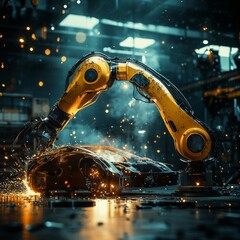 Robotic Arm Welding Part in Industrial Factory with Sparks Flying