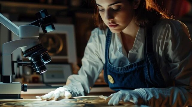 Woman art restorer using microscope to inspect painting, wearing gloves. Conservation concept.