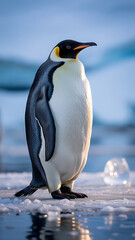 Obraz premium Emperor penguin stands on icy terrain. 