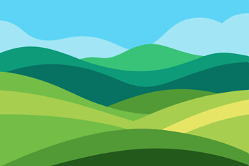 Blue sky with clouds over green hills and mountains, a natural summer landscape