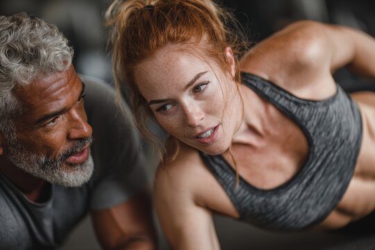 Fit redhead woman in sports bra doing push ups as coach gives instruction in gym