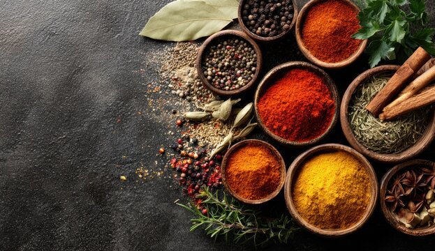 Aromatic and colorful spices in wooden bowls on a dark surface, ready to elevate your cooking.