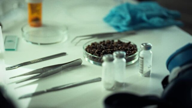 The setup includes various lab tools around a petri dish with organic samples and vials, showcasing a precise approach to research in a controlled environment