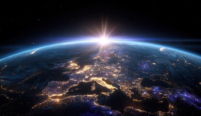Fototapeta premium Awe-Inspiring View of Earth from Space at Dawn, Showcasing Europe's Vibrant City Lights and a Brilliant Sunburst