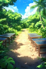 Obraz premium Solar Panels in Lush Green Forest Path Under Bright Blue Sky