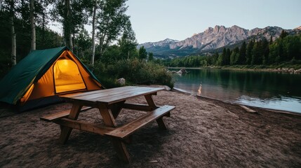 A serene camping setup beside a tranquil lake, with a glowing tent and majestic mountains in the background, perfect for outdoor enthusiasts seeking adventure and relaxation.