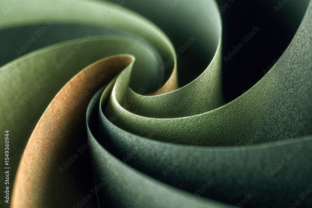 Poster Abstract macro shot of curving green and tan paper forming spiral shape showing shadow and light creating visual texture