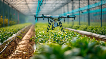AI-powered futuristic farm, drone agriculture, robotic irrigation. Panorama agriculture drone fly. smart farmer use drone for various fields like research analysis, terrain scanning technology, 