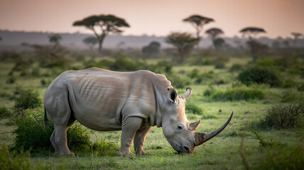 Obraz premium White rhinoceros grazing in a grassy plain. 