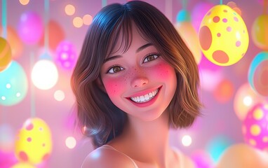 Naklejka premium Happy woman with shoulder-length bob hair and a glowing smile, softly lit by Easter-themed pastel decorations