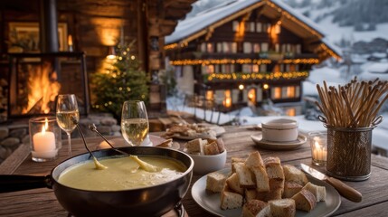 Cheese fondue with bread cubes on a softly blurred Swiss chalet backdrop under perfect lighting